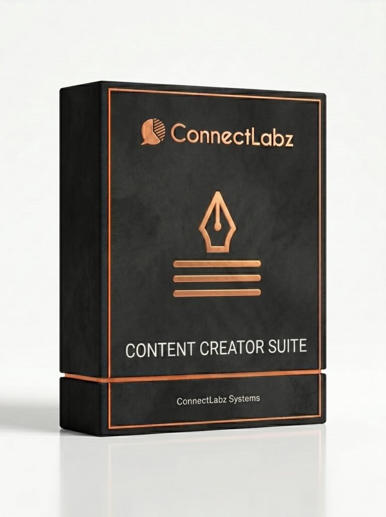 Black and copper ConnectLabz Content Creator System box with a pen-nib emblem on a white background