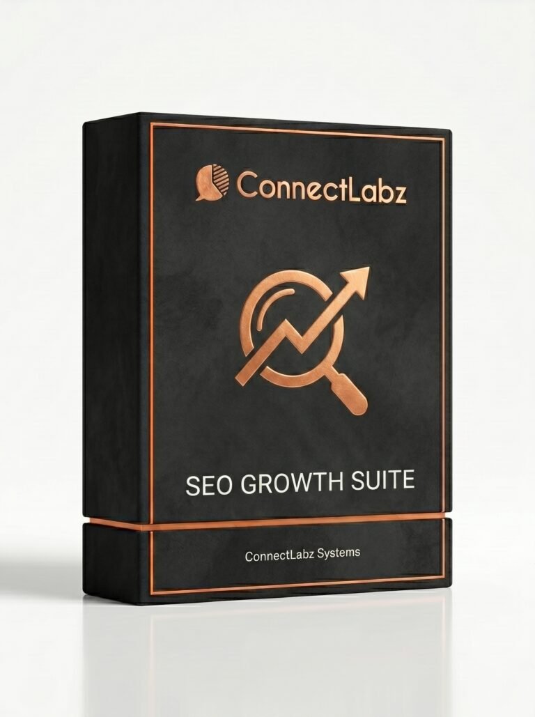 Black and copper ConnectLabz SEO System box with a magnifier-and-upward-arrow emblem on a white background