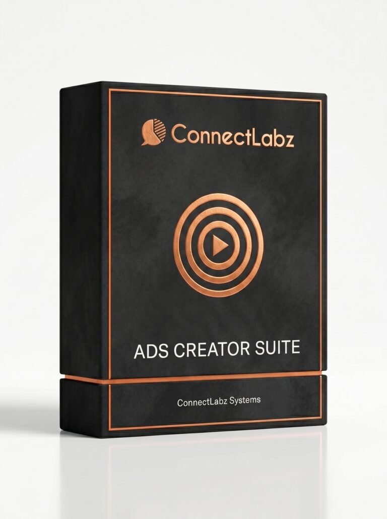 Black and copper ConnectLabz Ads Creator System product box with a target-and-play emblem on a white background